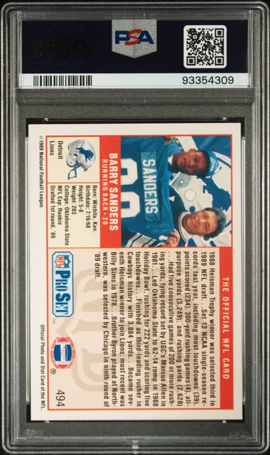 Graded 1989 Pro Set Barry Sanders #494 Rookie RC Football Card PSA 10 Gem Mint