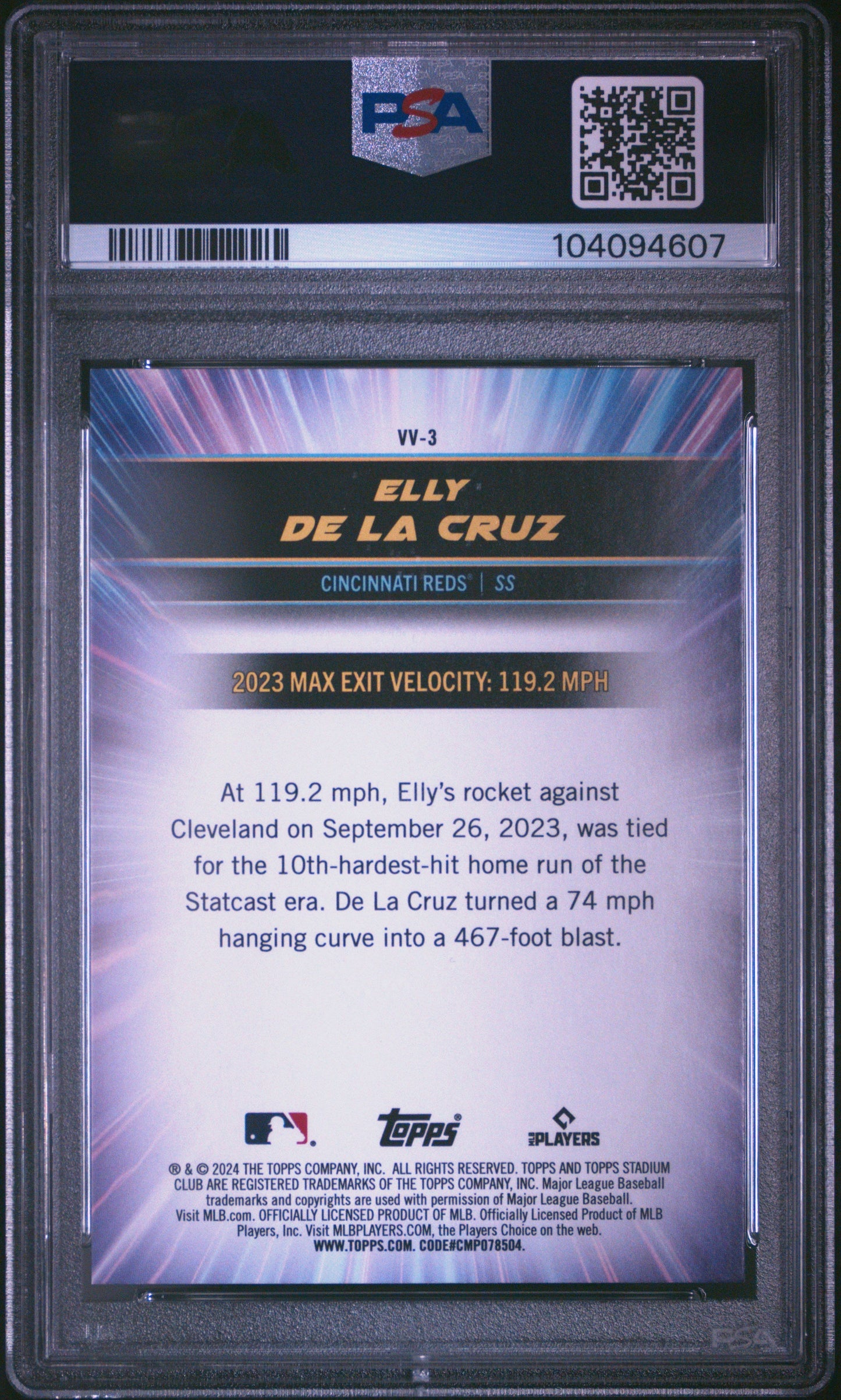 Graded 2024 Topps Stadium Club Elly De La Cruz #VV3 Virtuosos of Velocity Rookie RC Baseball Card PSA 10 Gem Mint