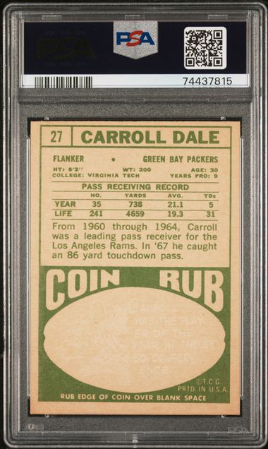 Graded 1968 Topps Carroll Dale #27 Football Card PSA 3 Very Good