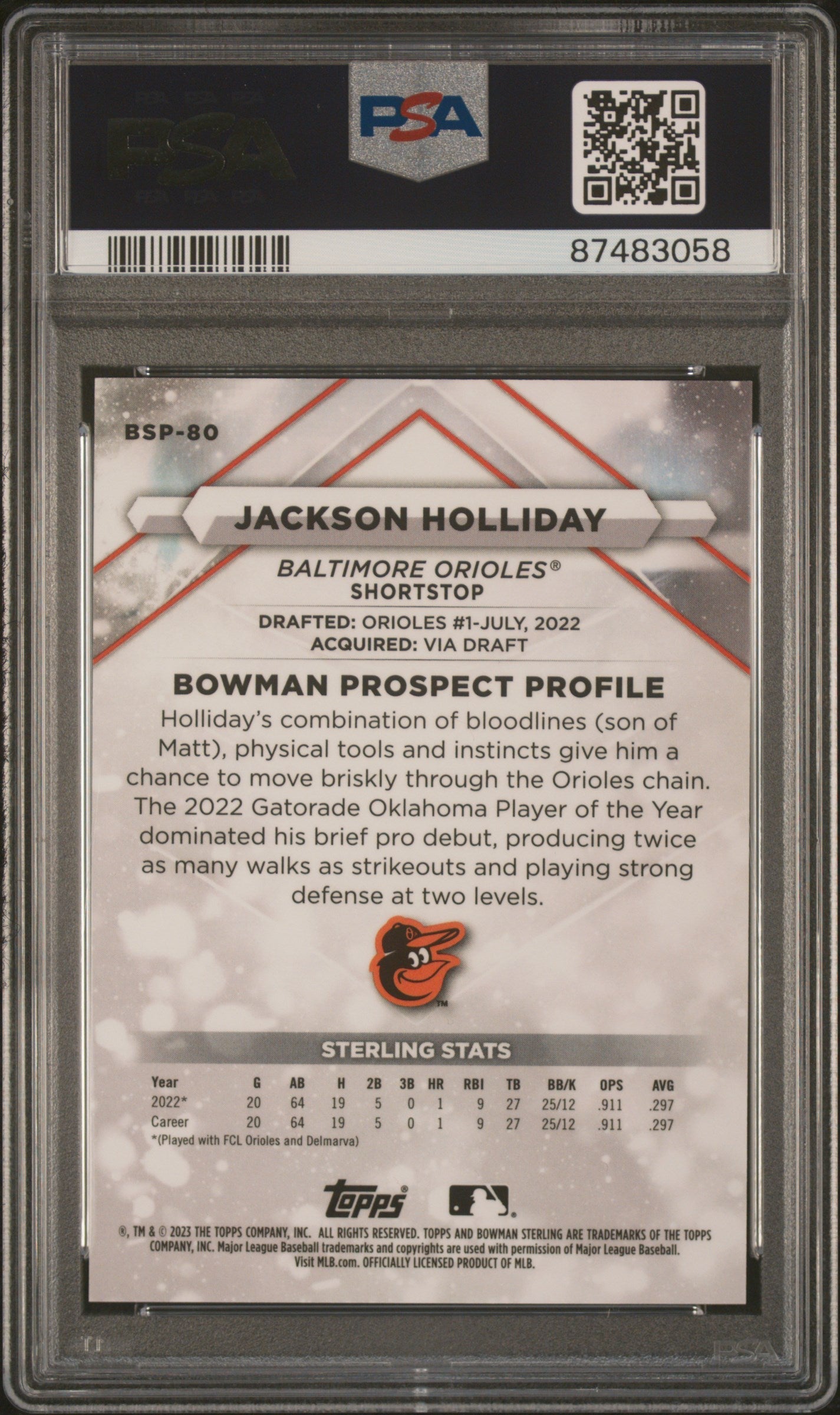 Graded 2023 Topps Bowman Sterling Jackson Holliday #BSP80 Mini Diamond /150 Rookie RC Baseball Card PSA 10 Gem Mint