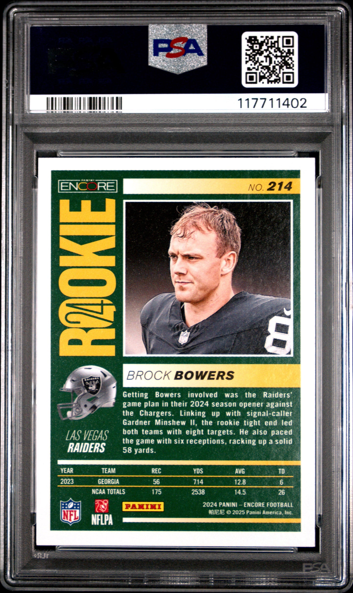 Graded 2024 Panini Encore Brock Bowers #214 Rookie RC Football Card PSA 9 Mint