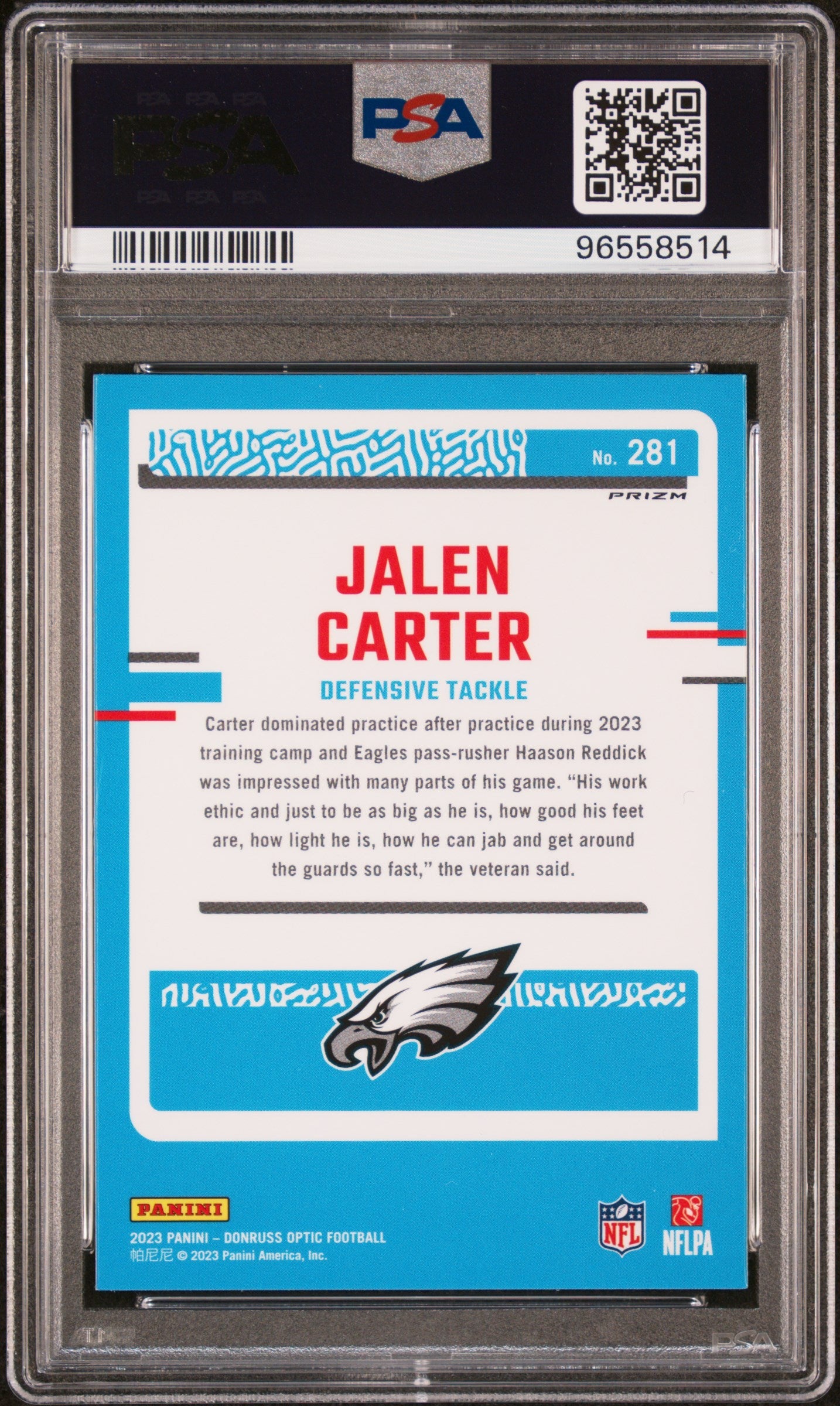 Graded 2023 Panini Donruss Optic Jalen Carter #281 Green Hyper Rookie RC Football Card PSA 10