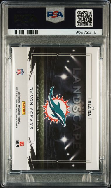 Graded 2023 Panini Impeccable Devon Achane #RLADA /99 Rookie Landscape Autograph Rookie RC Football Card PSA 10 Gem Mint