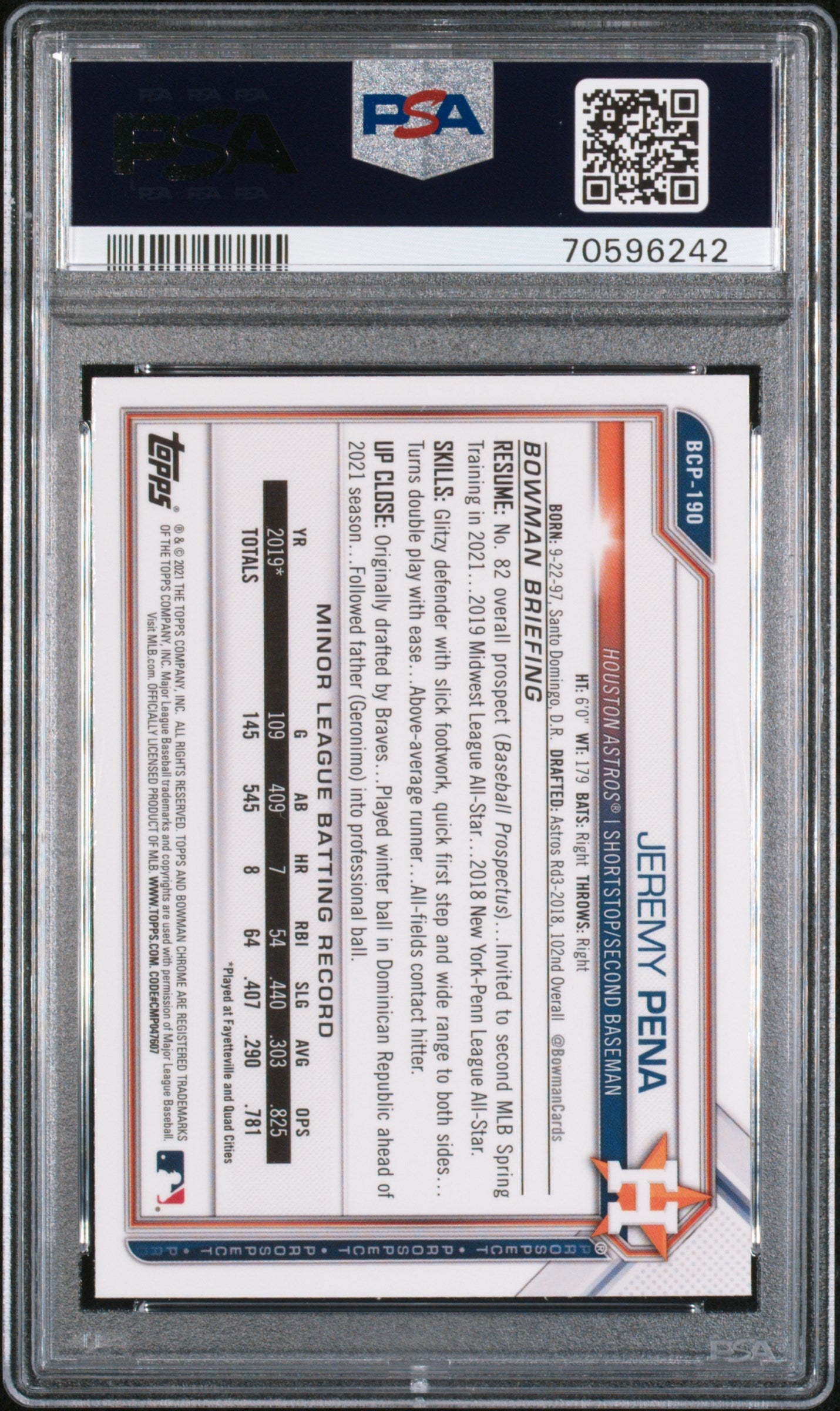 Graded 2021 Topps Bowman Chrome Jeremy Pena #BCP190 Prospects B/W Mini Diamond Refractor Rookie RC Baseball Card PSA 10 Gem Mint