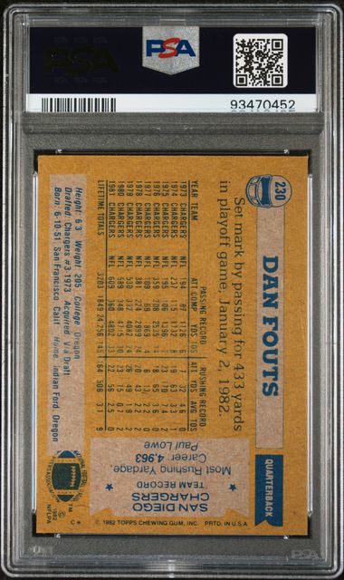 Graded 1982 Topps Dan Fouts #230 Football Card PSA 7 Near Mint