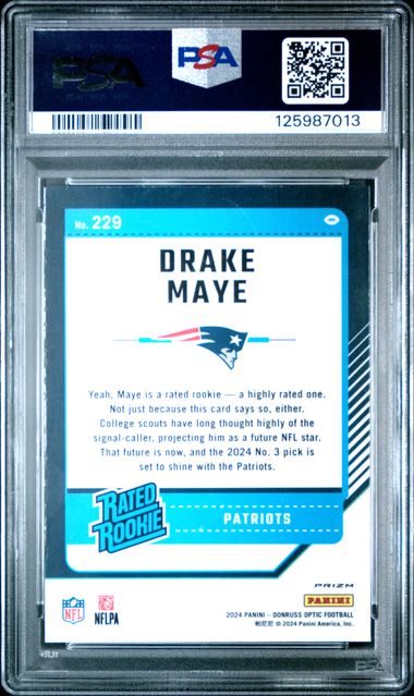 Graded 2024 Panini Donruss Optic Blue Hyper Drake Maye #229 Rookie RC Football Card PSA 10 Gem Mint