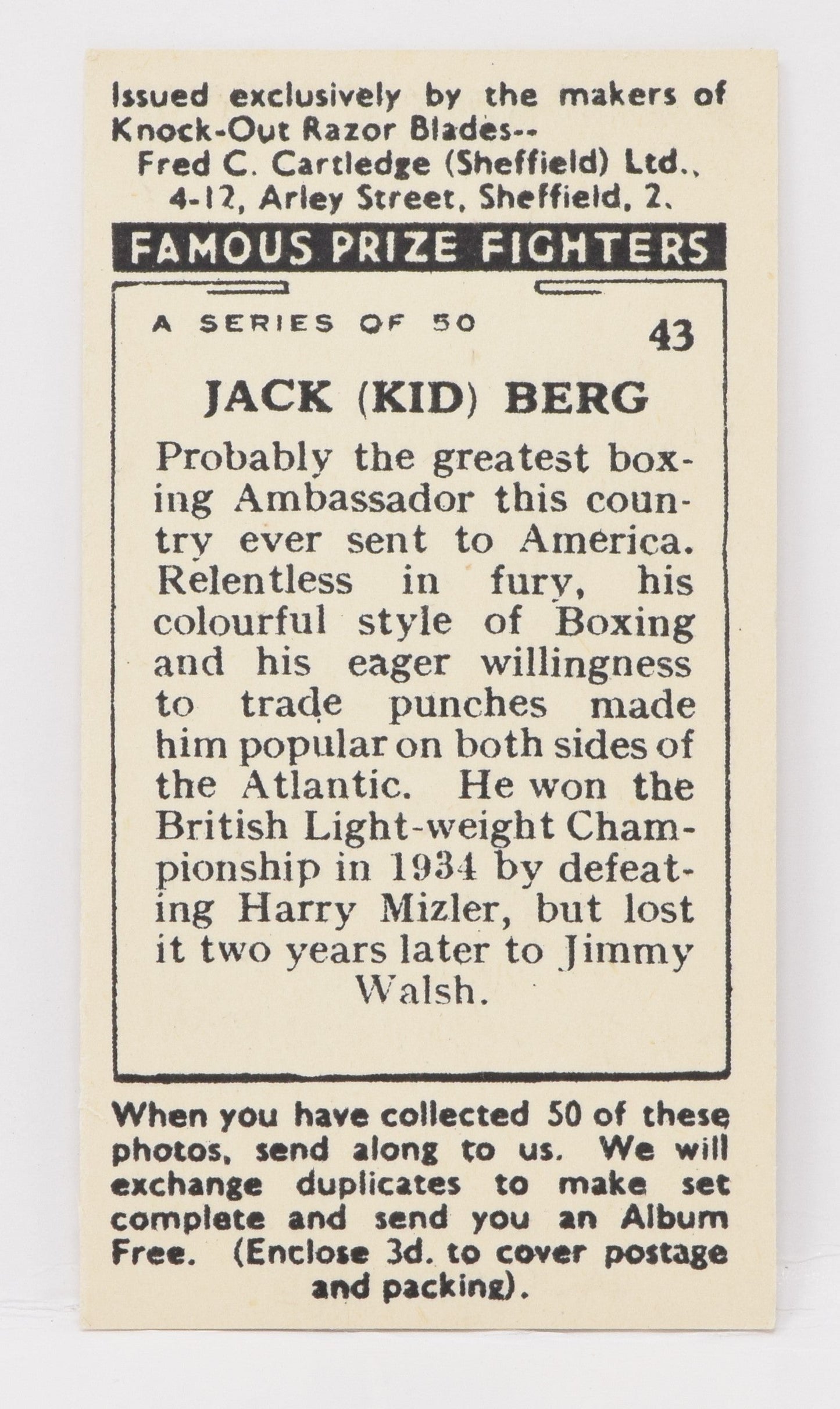 Jack Berg #43 Fred C Cartledge Knock-Out Razor Famous Prize Fighters Boxing Card 1938