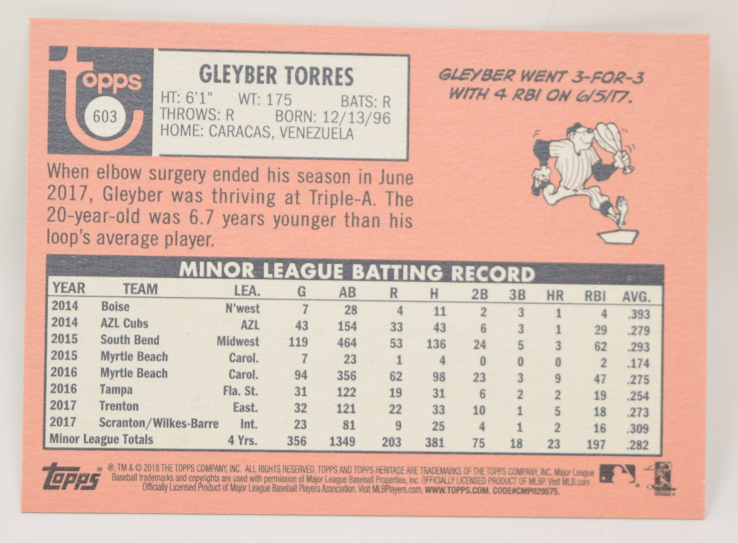 Gleyber Torres Topps 2018 Heritage Baseball RC Rookie Card Yankees 603