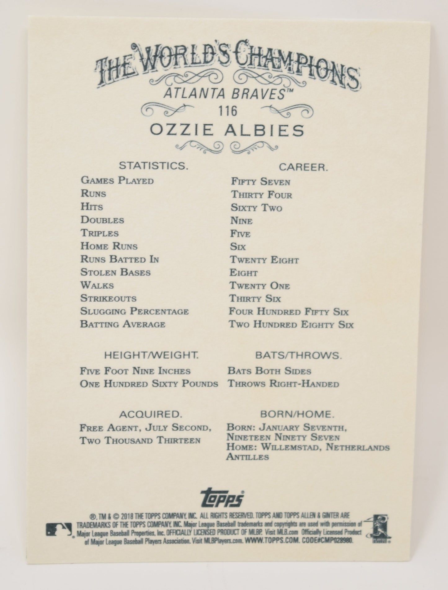 Ozzie Albies Topps 2018 Allen Ginter Baseball RC Rookie Card 116