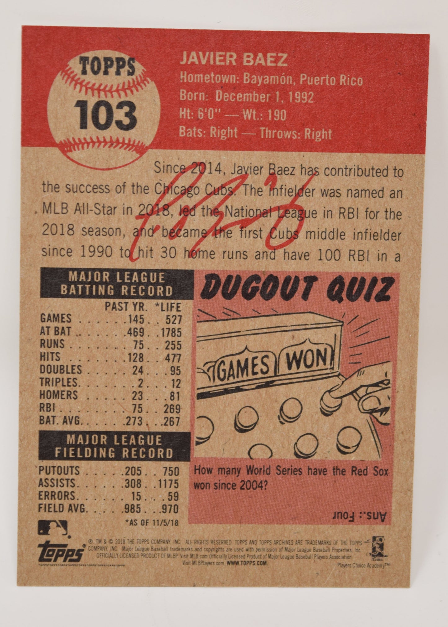 Javier Baez Topps Living Set 2018 Baseball Card Cubs 103