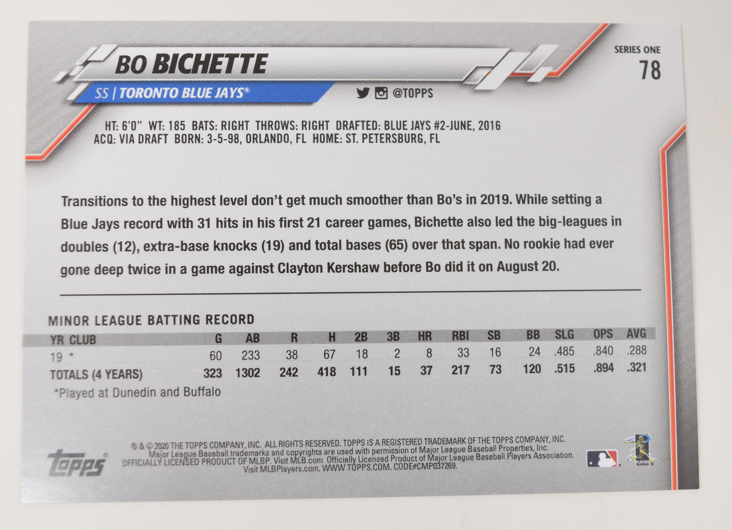 Bo Bichette Topps 2020 Baseball RC Rookie Blue Jays Card 78