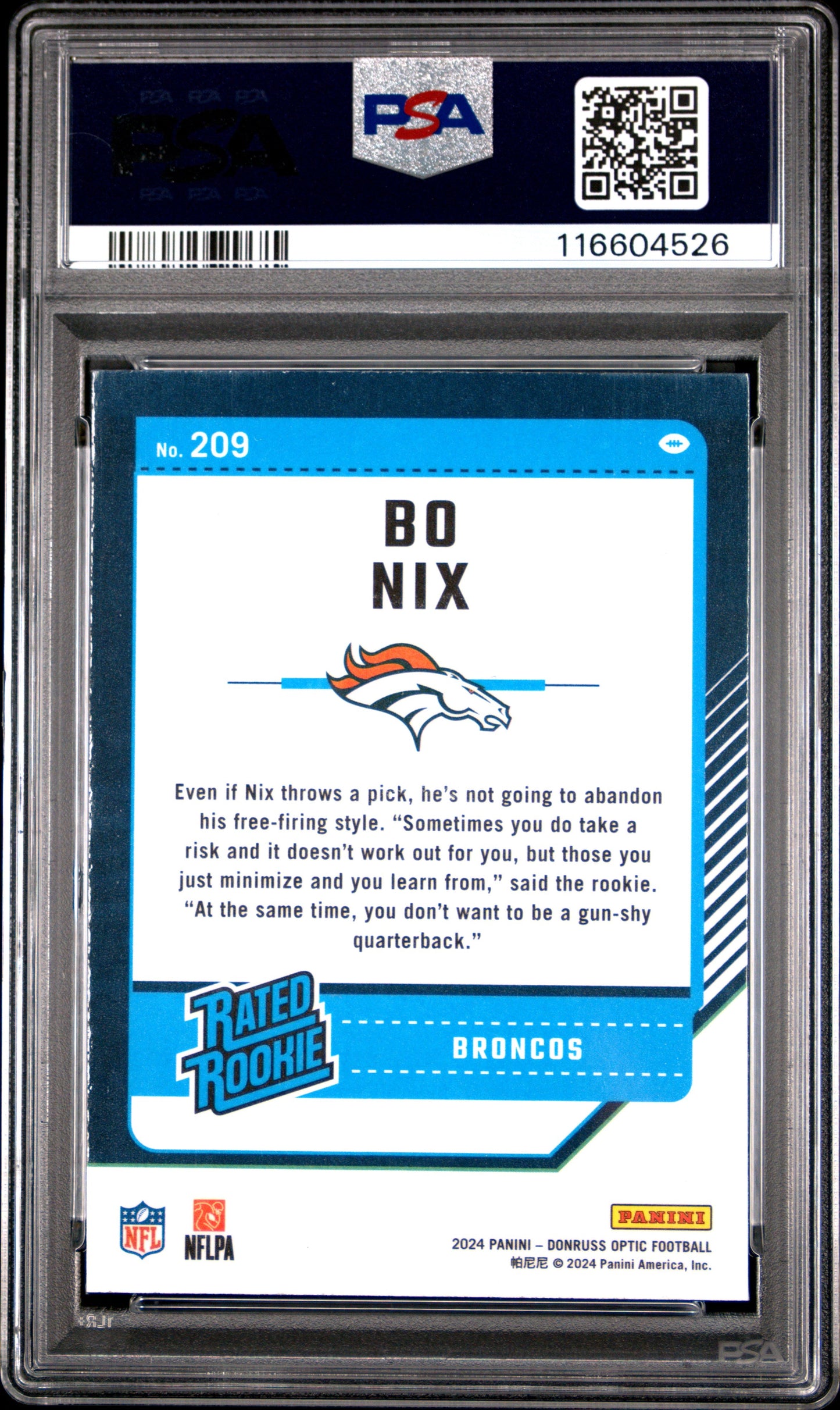 Graded 2024 Panini Donruss Optic Bo Nix #209 Rookie RC Football Card PSA 10 Gem Mint - Sport Cards