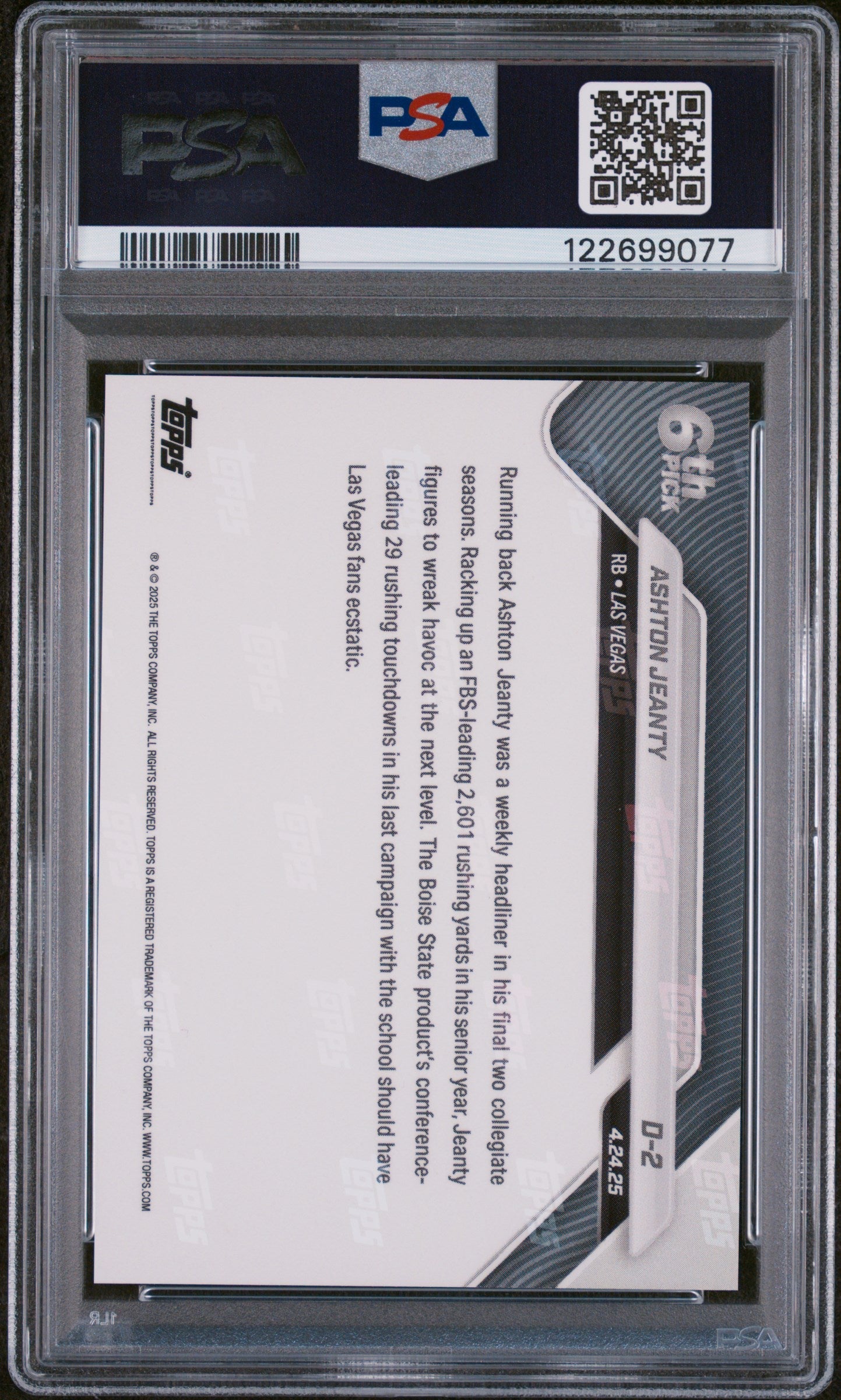 Graded 2025 Topps Now Ashton Jeanty #D2 Rookie RC Football Card PSA 10 Gem Mint