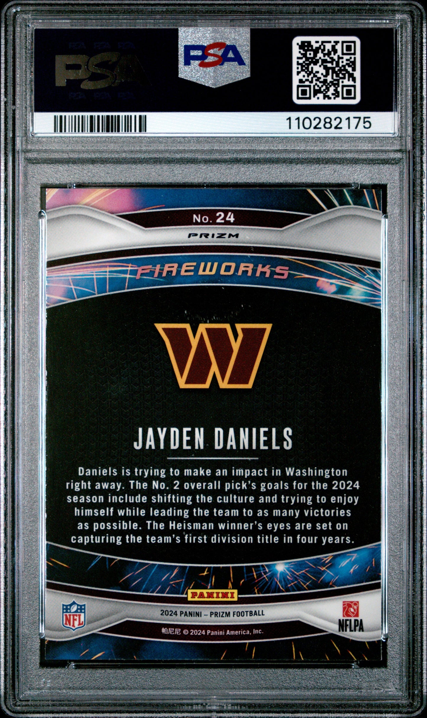Graded 2024 Panini Prizm Jayden Daniels #24 Fireworks Green Prizm Rookie RC Football Card PSA 10 Gem Mint