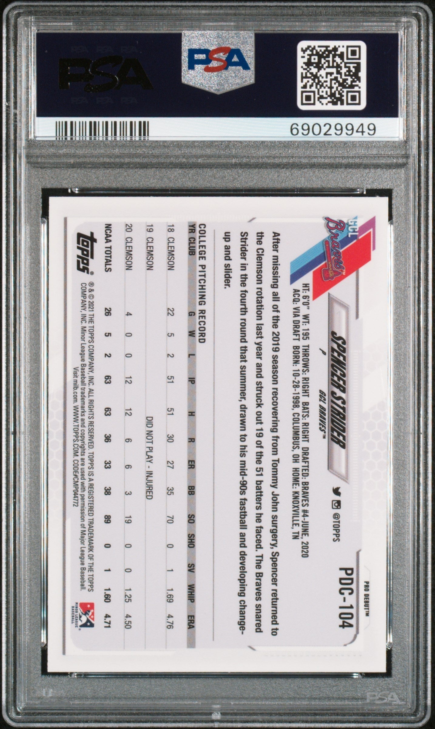 Graded 2021 Topps Pro Debut Spencer Strider #PDC104 Chrome Rookie RC Baseball Card PSA 10 Gem Mint