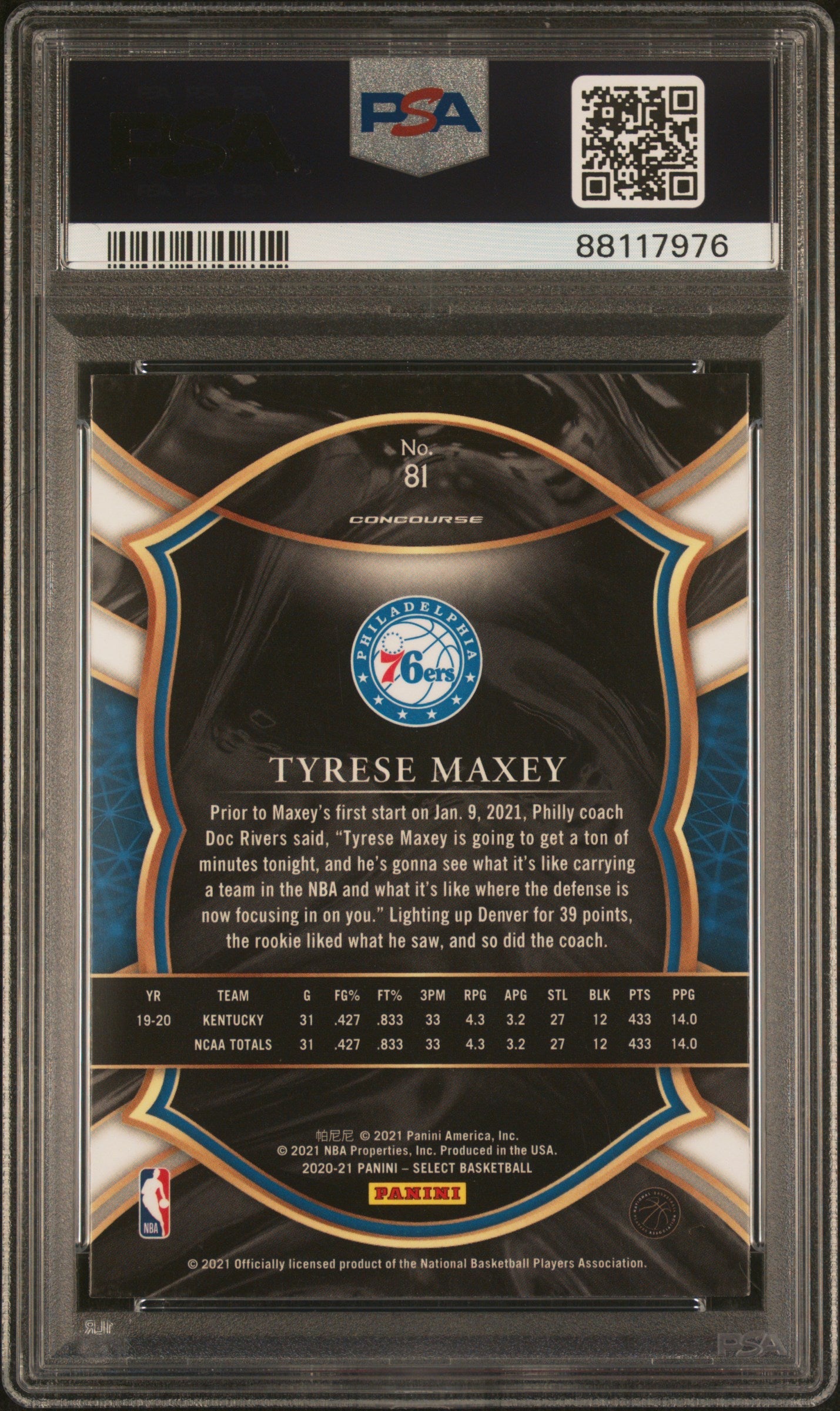 Graded 2020 Panini Select Tyrese Maxey #81 Blue Retail Rookie RC Basketball Card PSA 10 Gem Mint