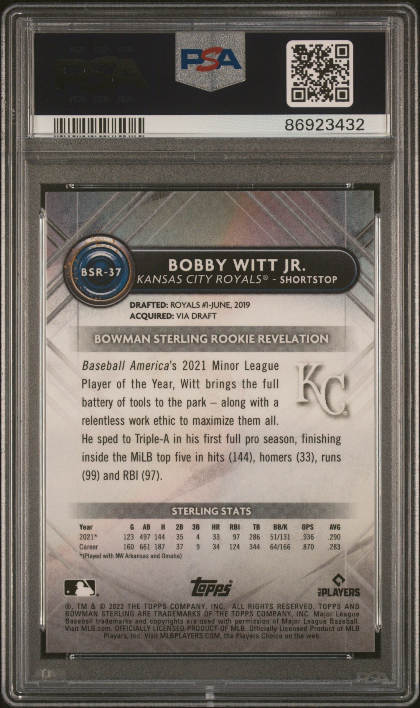 Graded 2022 Topps Bowman Sterling Bobby Witt Jr. #BSR37 Rookie RC Baseball Card PSA 10 Gem Mint