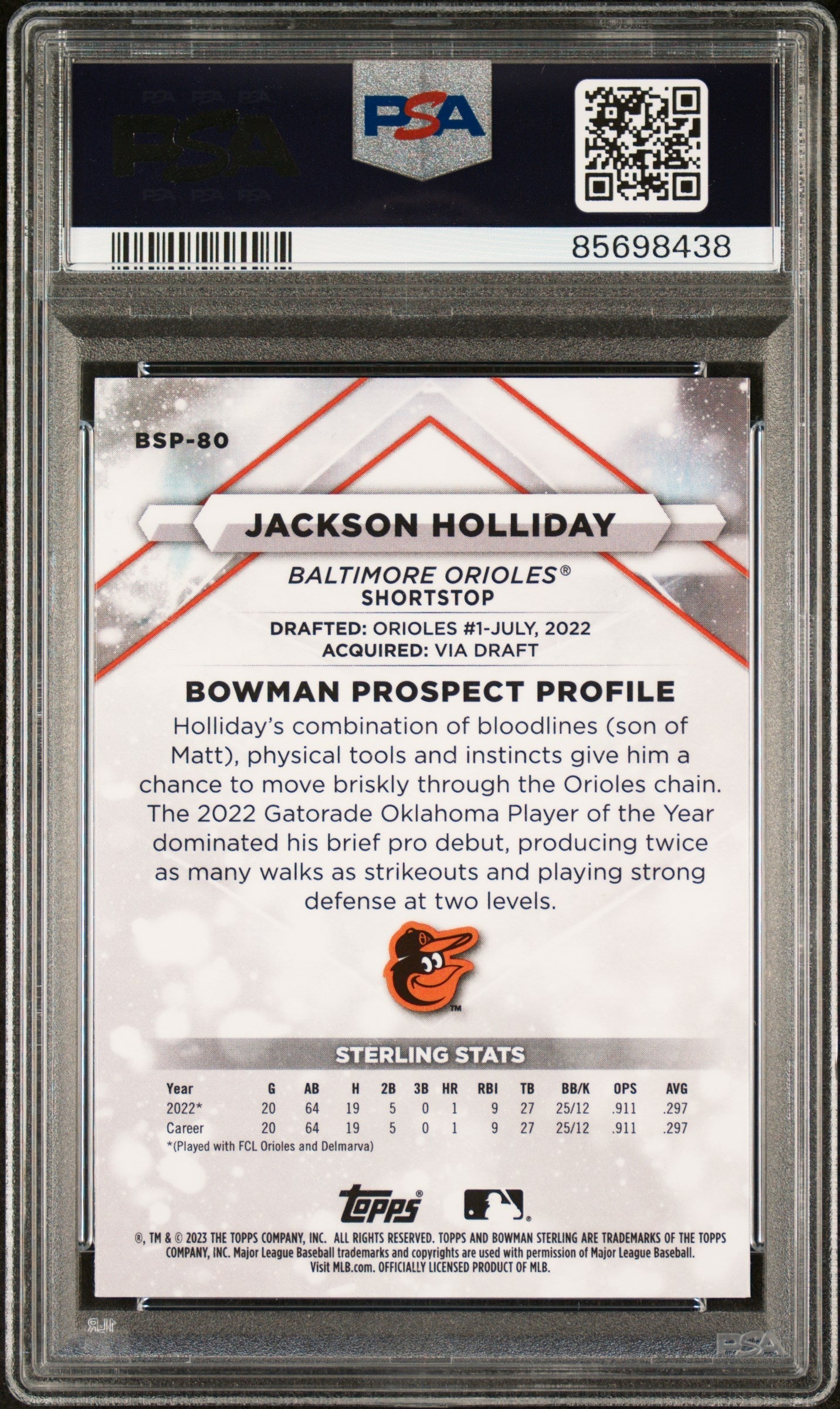 Graded 2023 Topps Bowman Sterling Jackson Holliday #BSP80 Rookie RC Baseball Card PSA 10 Gem Mint