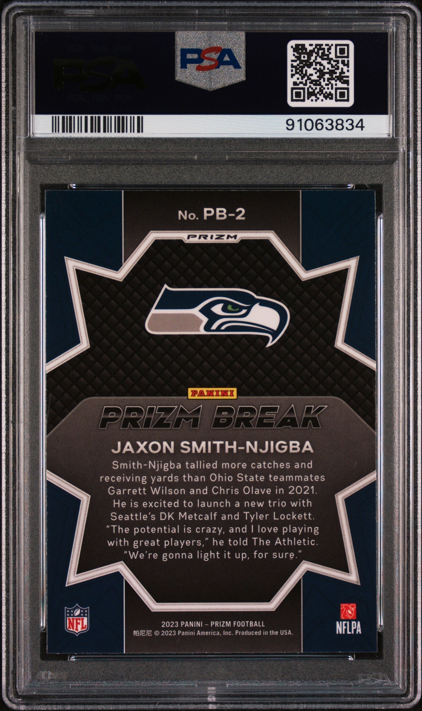 Graded 2023 Panini Prizm Jaxon Smith-Njigba #PB2 Prizm Break Green Rookie RC Football Card PSA 10 Gem Mint