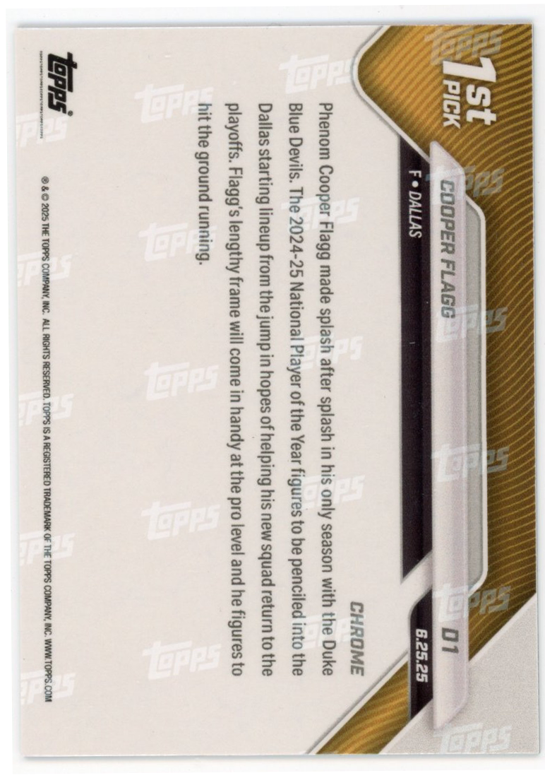 2025 Topps Now Cooper Flagg #D1 Gold Chrome /50 Dallas Mavericks Rookie RC Basketball Card