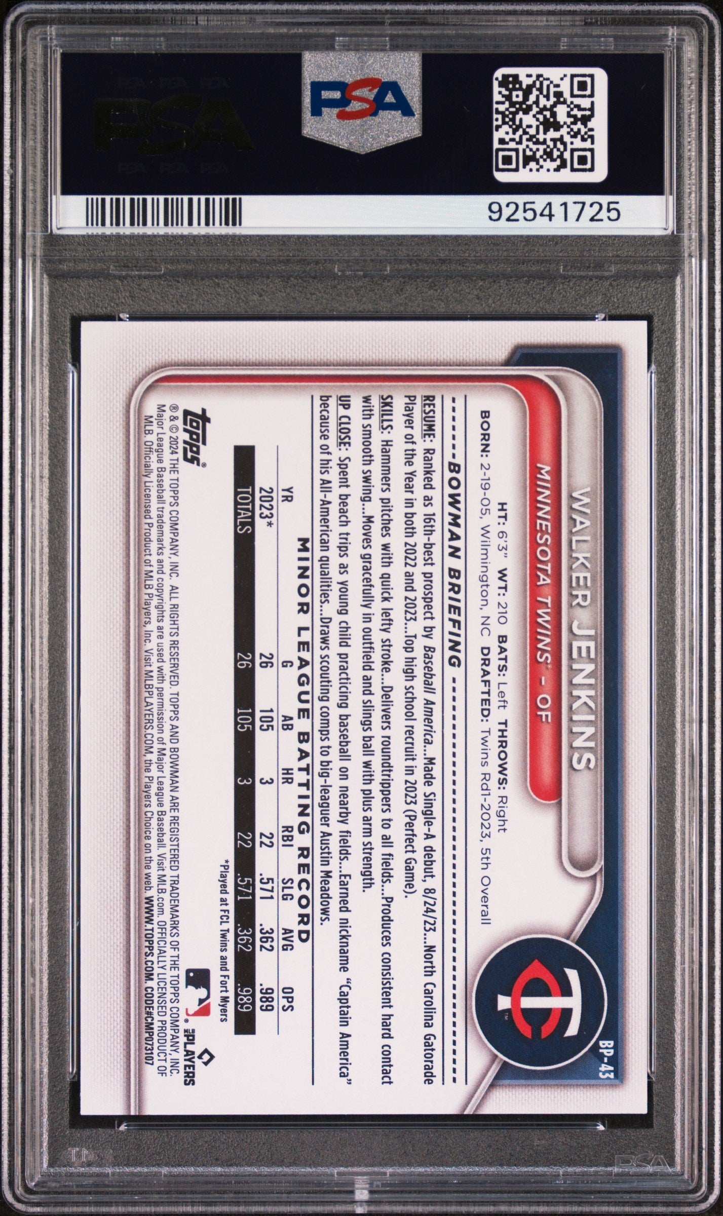 Graded 2024 Topps Bowman Walker Jenkins #BP43 Paper Prospects Rookie RC Baseball Card PSA 10 Gem Mint - Sport Cards