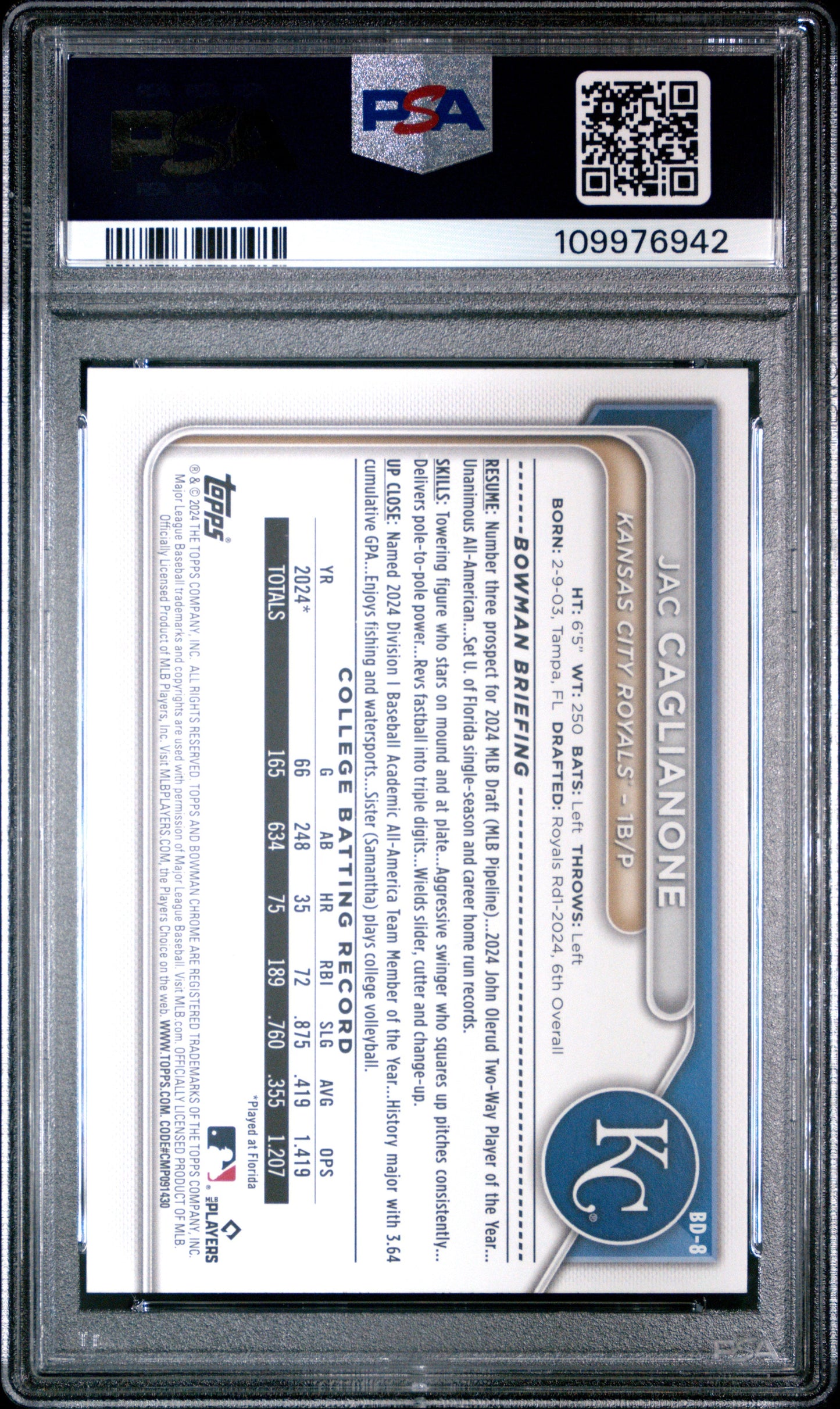 Graded 2024 Topps Bowman Draft Jac Caglianone #BD8 Rookie RC Baseball Card PSA 9 Mint