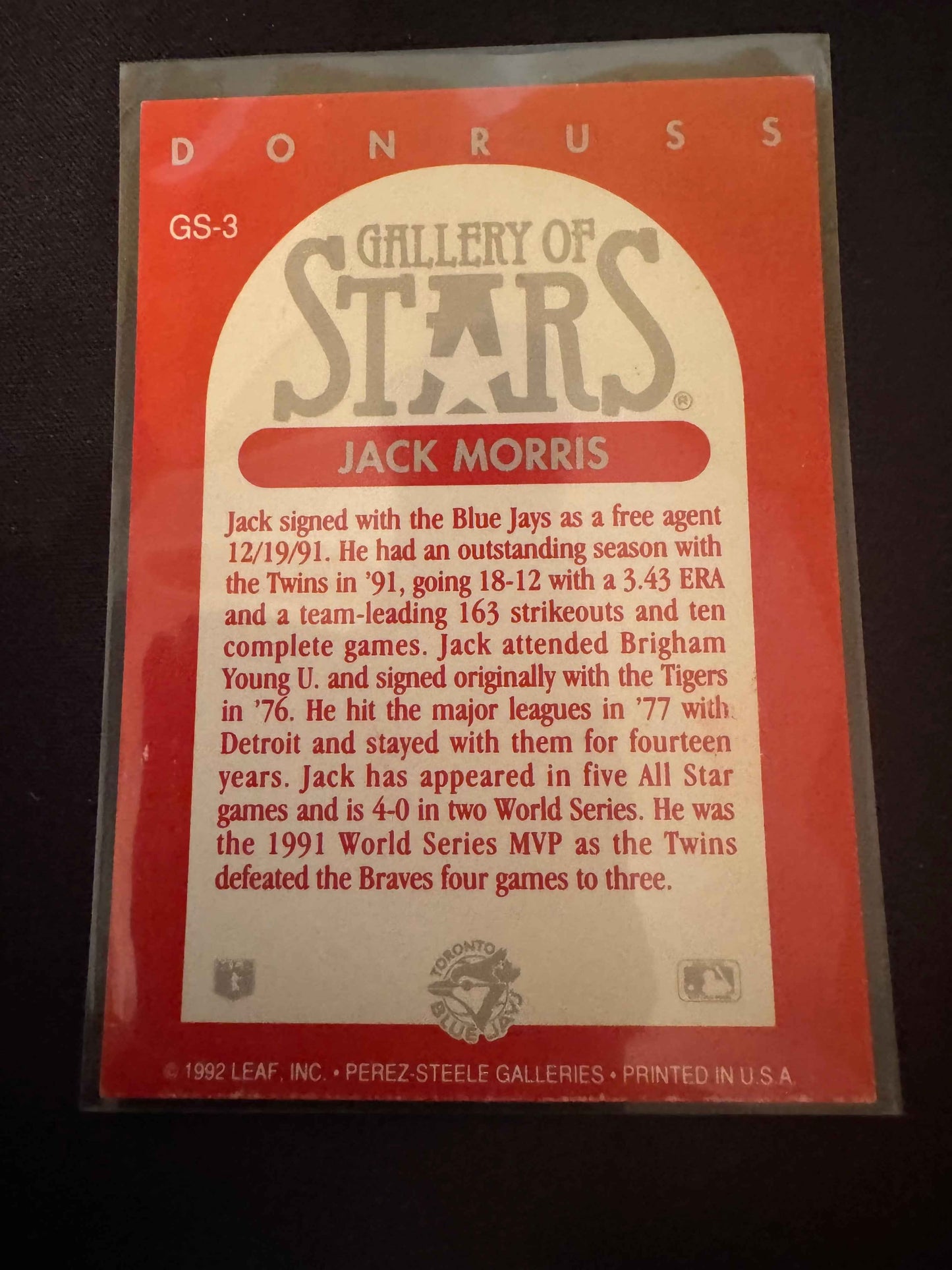 1992 Donruss Triple Play Gallery of Stars #GS-3 Jack Morris Card