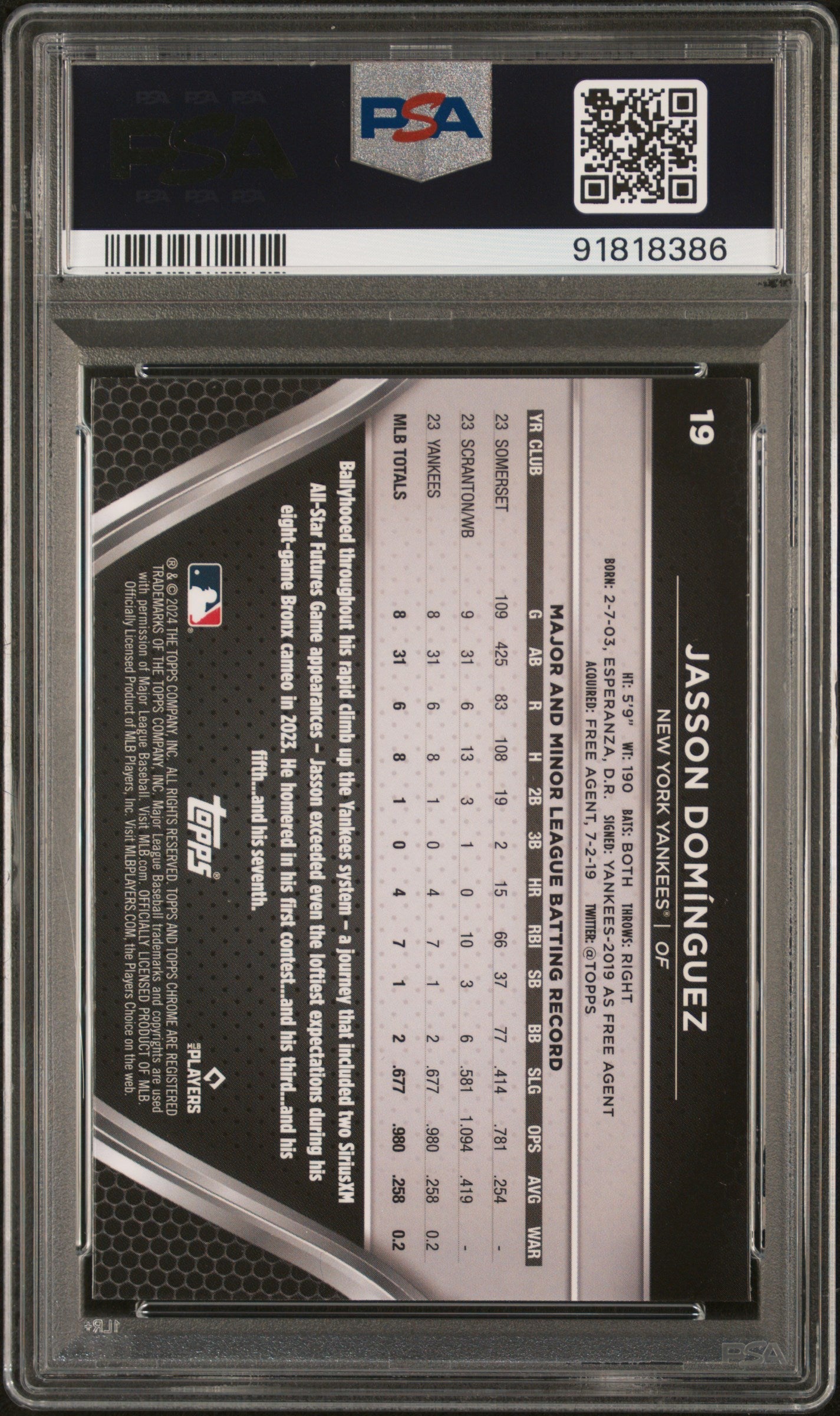 Graded 2024 Topps Chrome Black Jasson Dominguez #19 Rookie RC Baseball Card PSA 10 Gem Mint