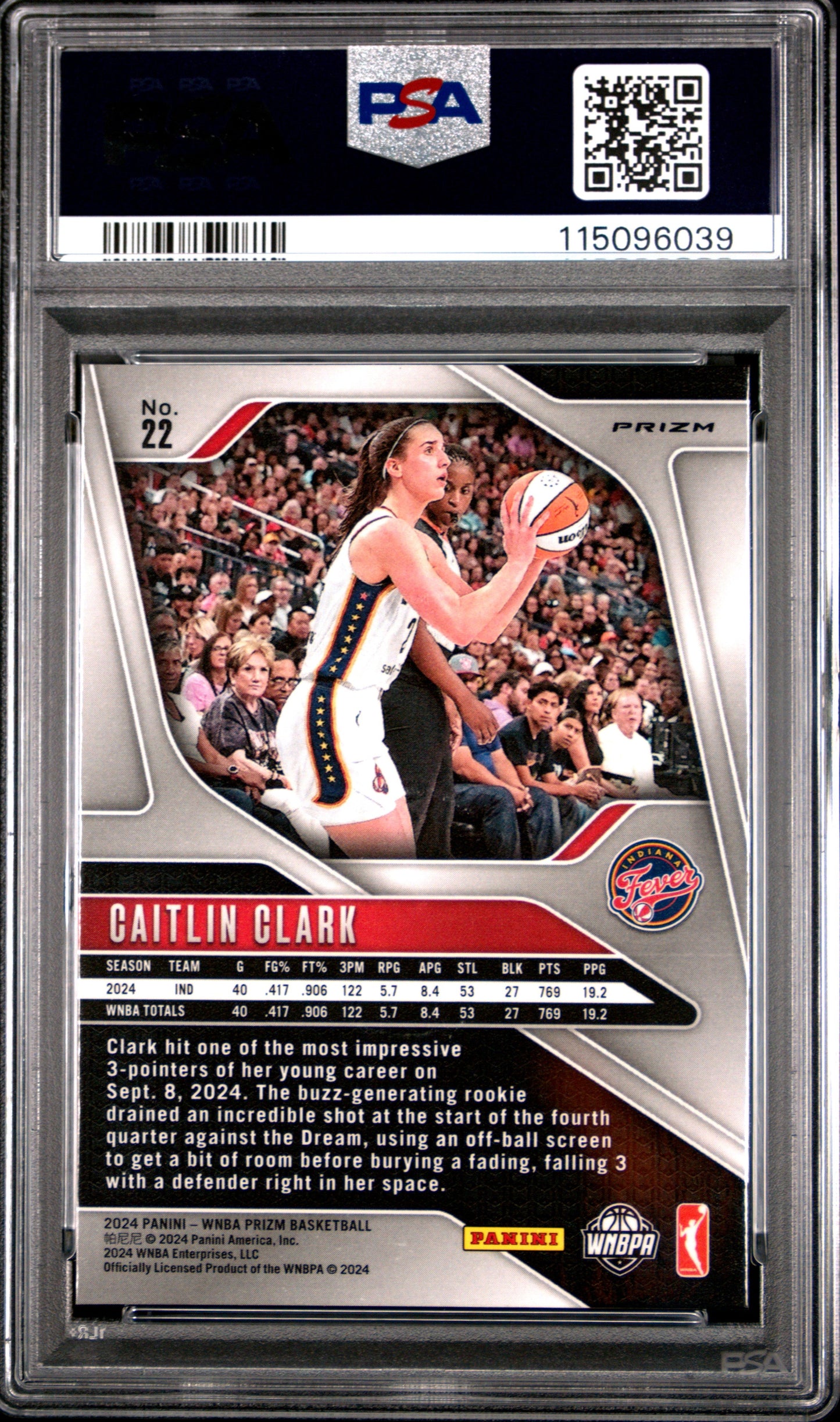 Graded 2024 Panini Prizm Caitlin Clark #22 Ice Rookie RC Basketball Card PSA 9 Mint