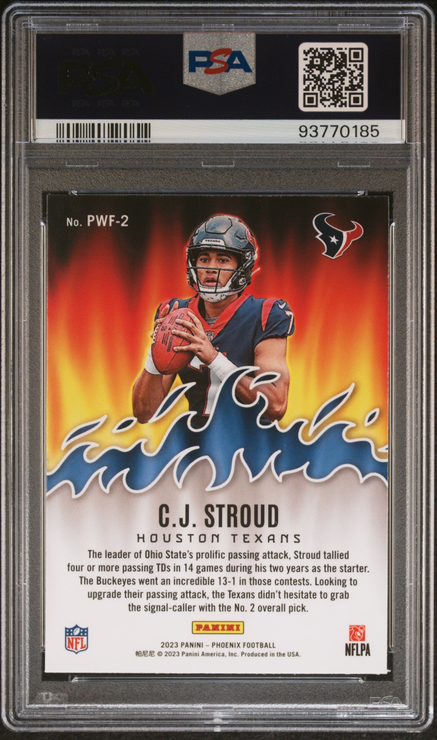 Graded 2023 Panini Phoenix CJ Stroud #PWF2 Playing With Fire Rookie RC Football Card PSA 10 Gem Mint