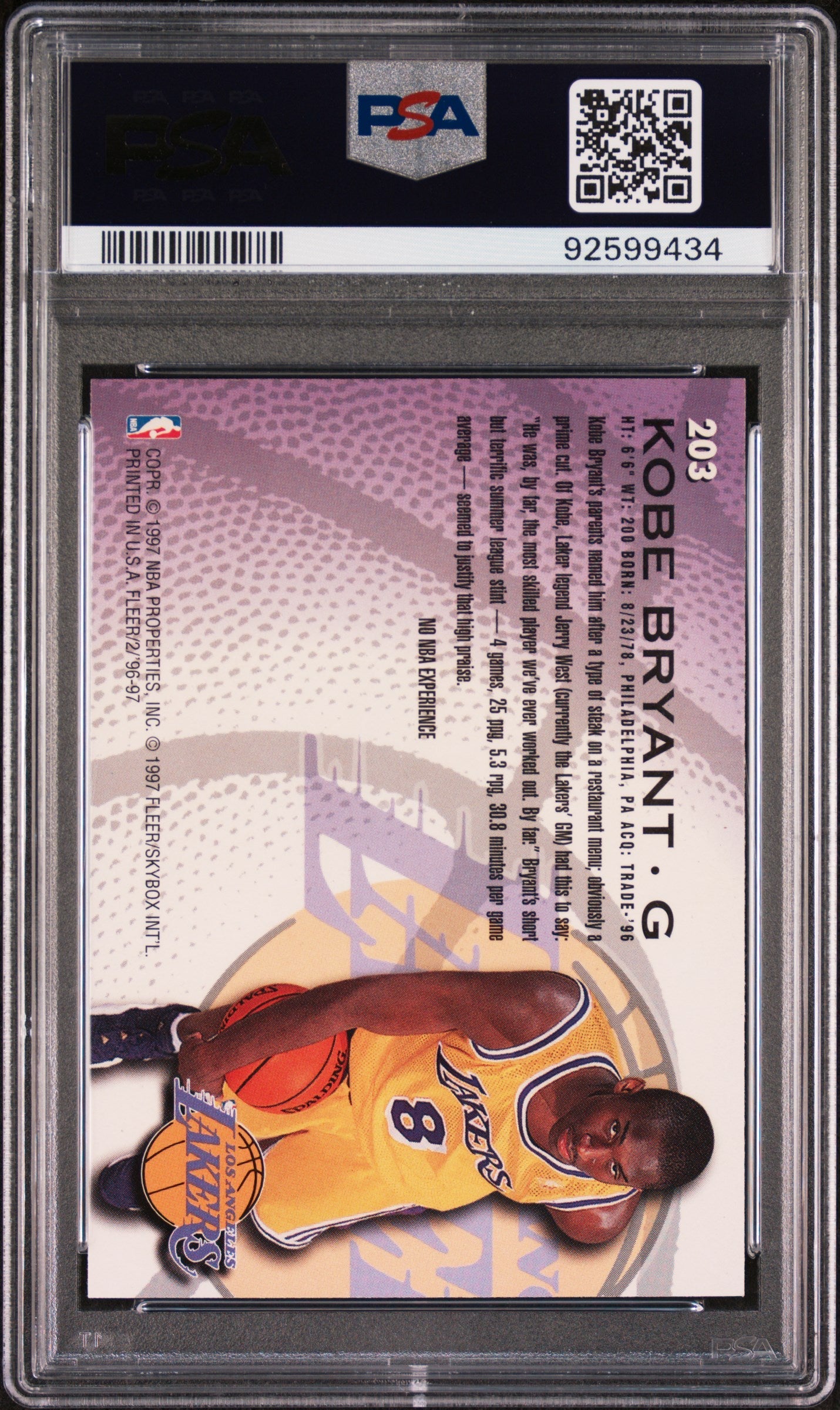 Graded 1996 Fleer Kobe Bryant #203 Rookie RC Basketball Card PSA 9 Mint