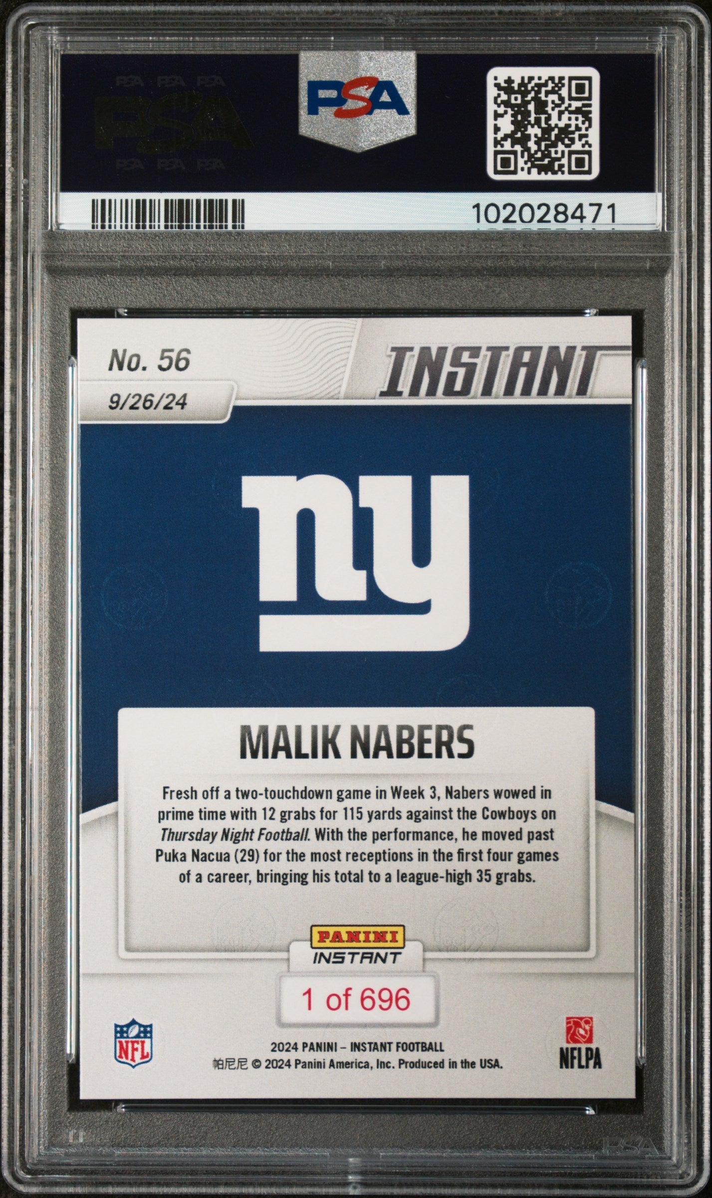 Graded 2024 Panini Instant NFL Malik Nabers #56 Rookie RC Football Card PSA 9 Mint