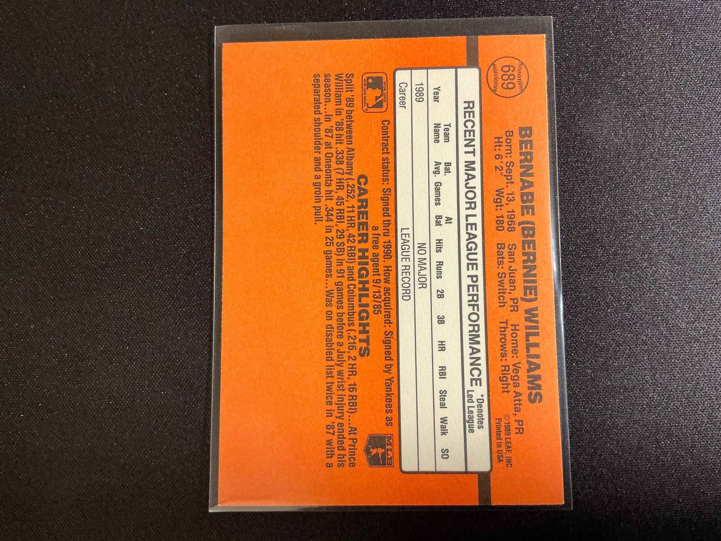 1990 Donruss #689 Bernie Williams Rookie Card