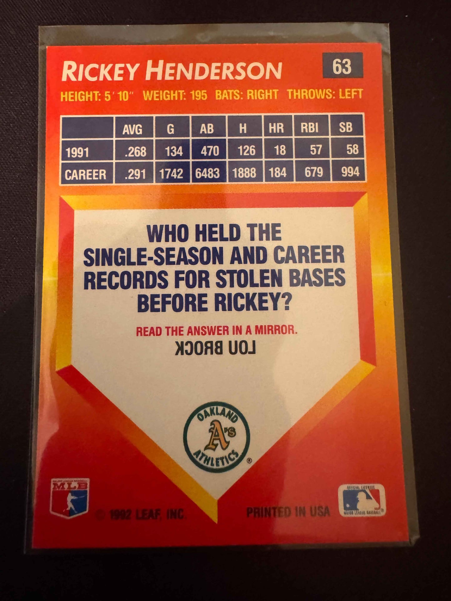1992 Donruss Triple Play #63 Rickey Henderson Card