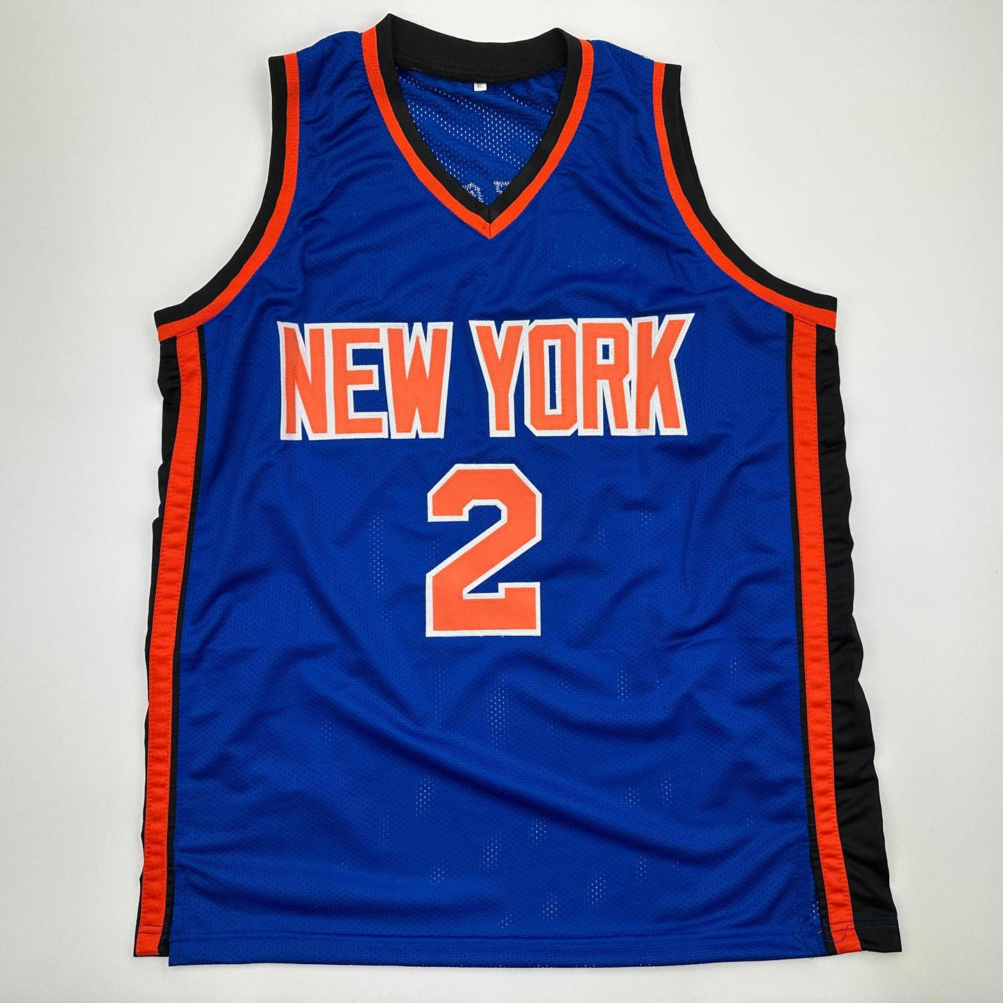 Autographed/Signed Larry Johnson New York Blue Basketball Jersey Beckett BAS COA - Sport Cards