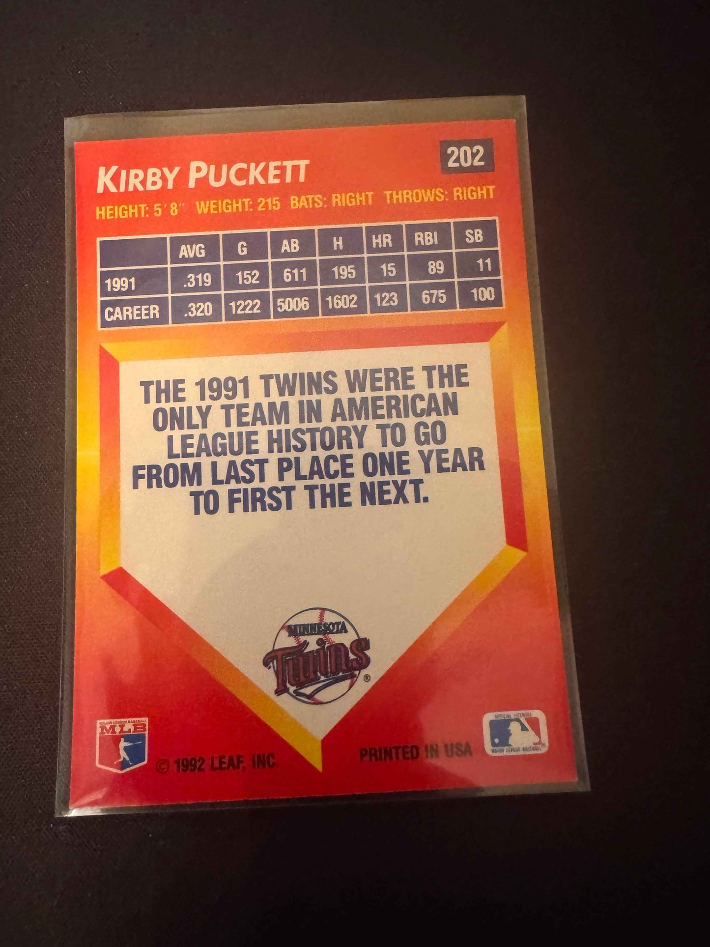 1992 Donruss Triple Play #202 Kirby Puckett Card