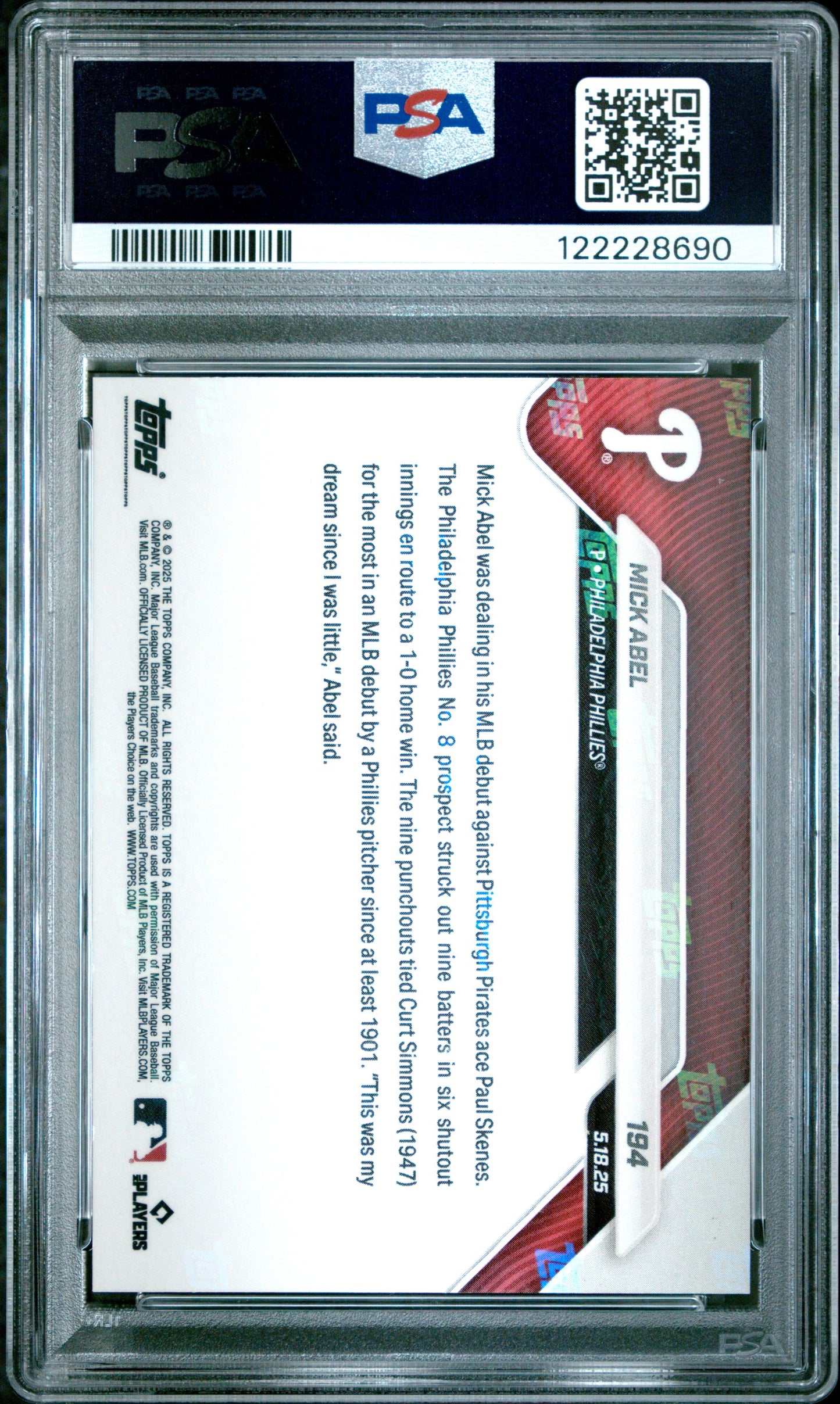 Graded 2025 Topps Now Mick Abel #194 Gold Foil /50 Rookie Baseball Card PSA 9 Mint