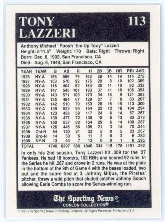 1991 Conlon TSN #113 Tony Lazzeri Card