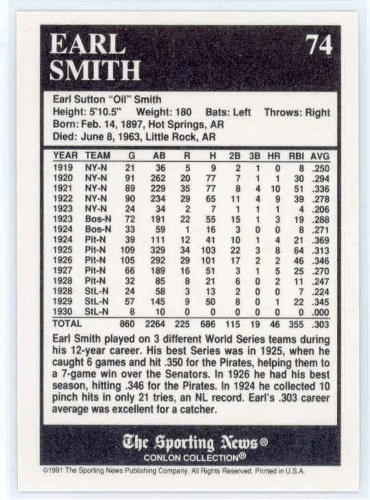 1991 Conlon TSN #74 Earl Smith Card