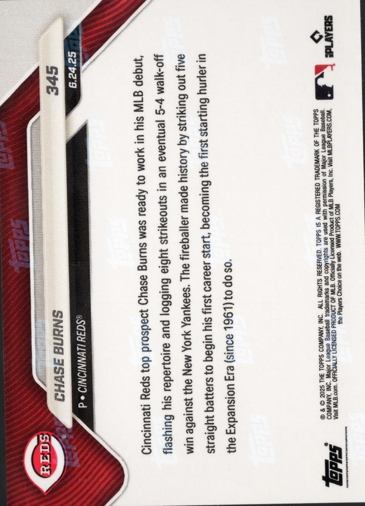 2025 Topps Now Chase Burns #345 Gold Foil /50 Cincinnati Reds Rookie RC Baseball Card
