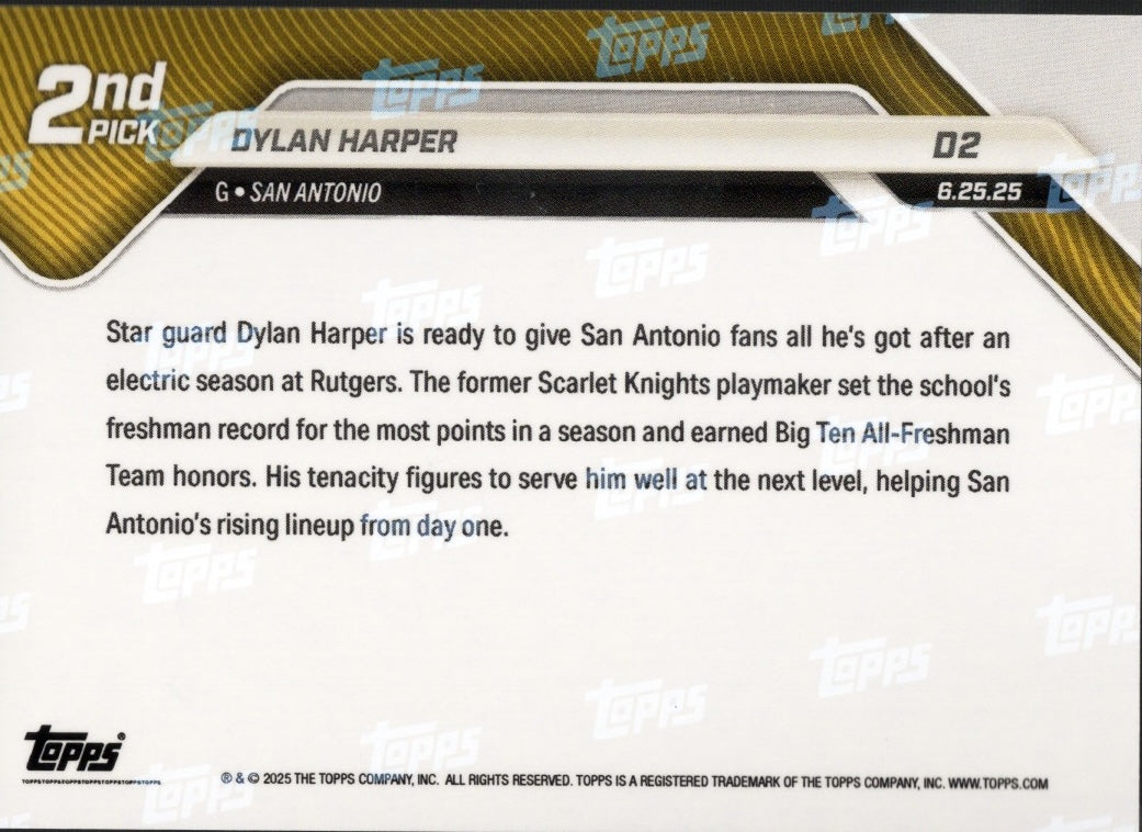 2025 Topps Now Dylan Harper #D2 Green Foil /99 San Antonio Spurs Rookie RC Basketball Card - Sport Cards