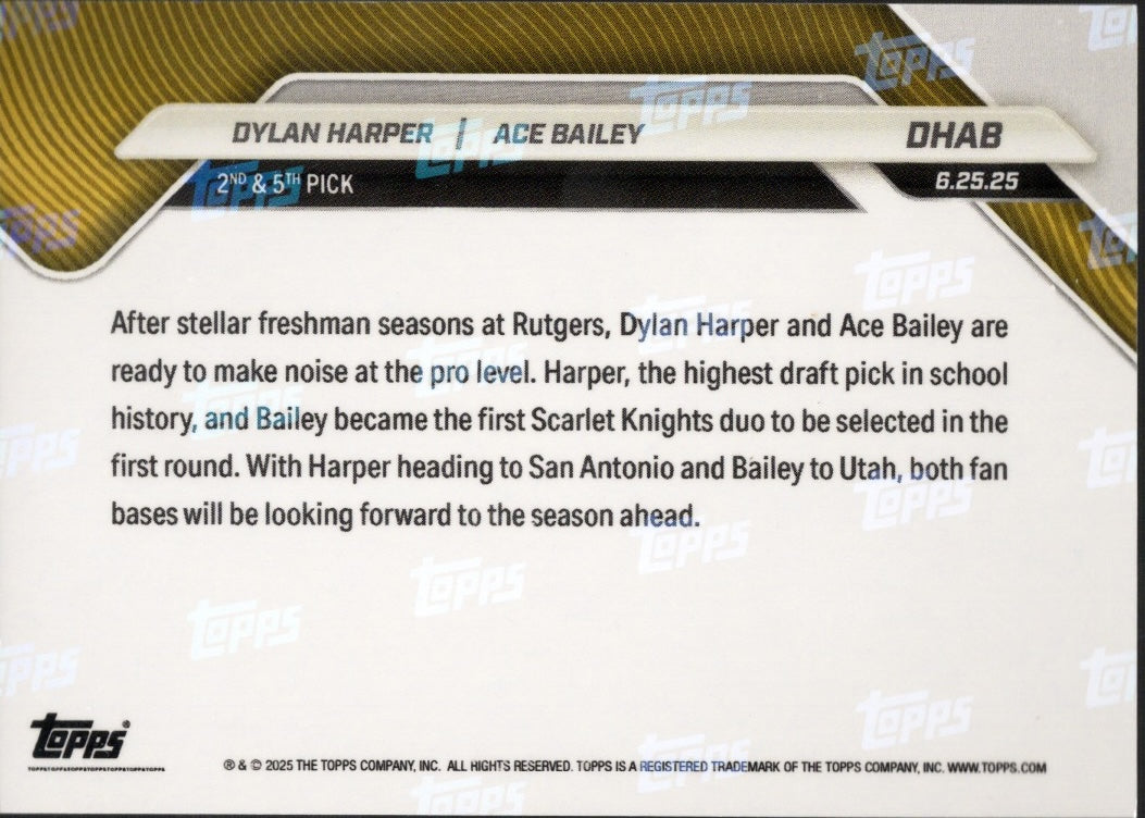 2025 Topps Now Dylan Harper/Ace Bailey #DHAB Gold Foil /50 Rookie RC Basketball Card - Sport Cards
