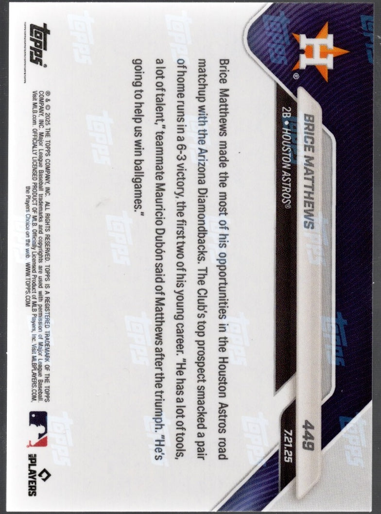 2025 Topps Now Brice Matthews #449 Orange Foil /25 Houston Astros Rookie RC Baseball Card