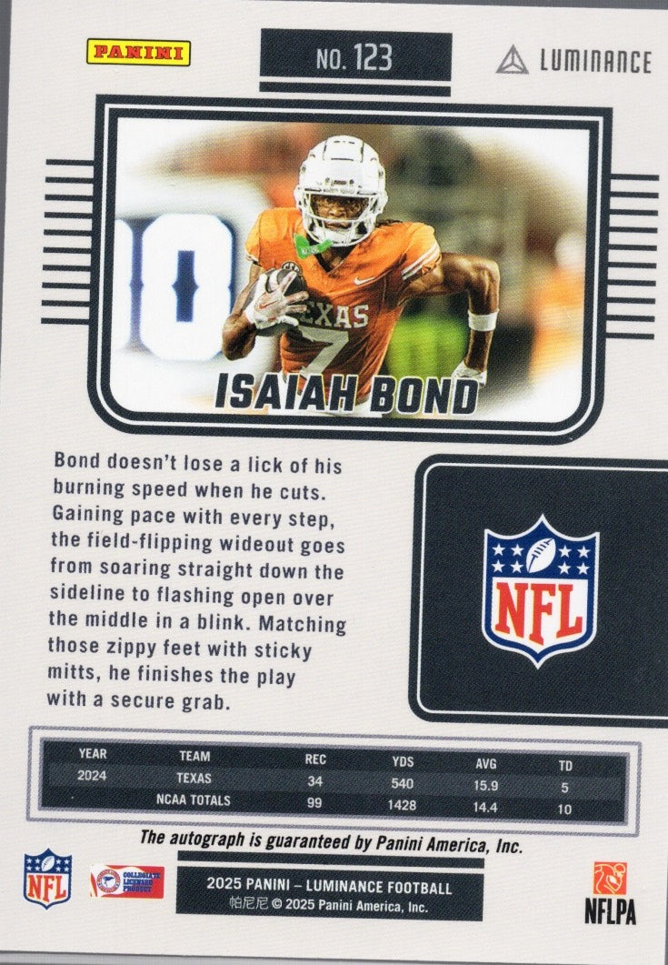 2025 Panini Luminance Isaiah Bond #123 Auto /700 Rookie RC Football Card