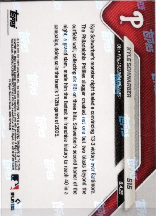 2025 Topps Now Kyle Schwarber #515 Orange Foil /25 Philadelphia Phillies Baseball Card