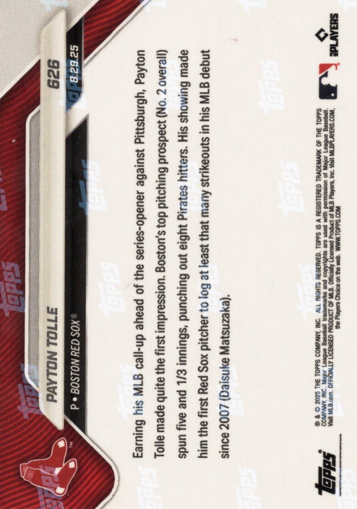 2025 Topps Now Payton Tolle #626 Black Foil /10 Boston Red Sox Rookie RC Baseball Card