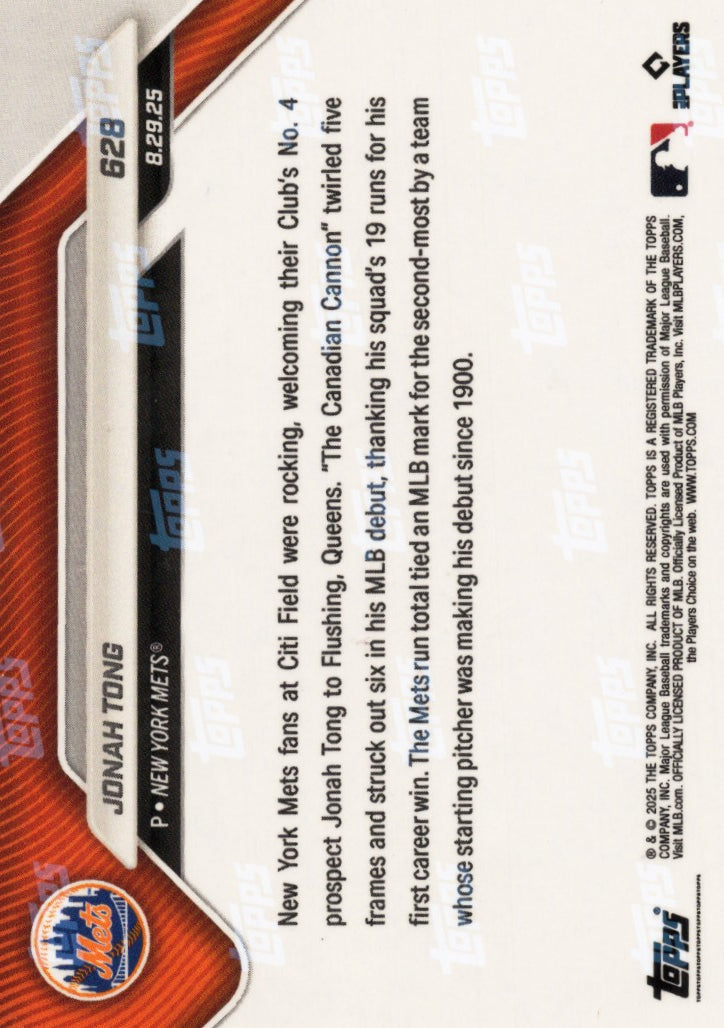 2025 Topps Now Jonah Tong #628 Black Foil /10 New York Mets Rookie RC Baseball Card