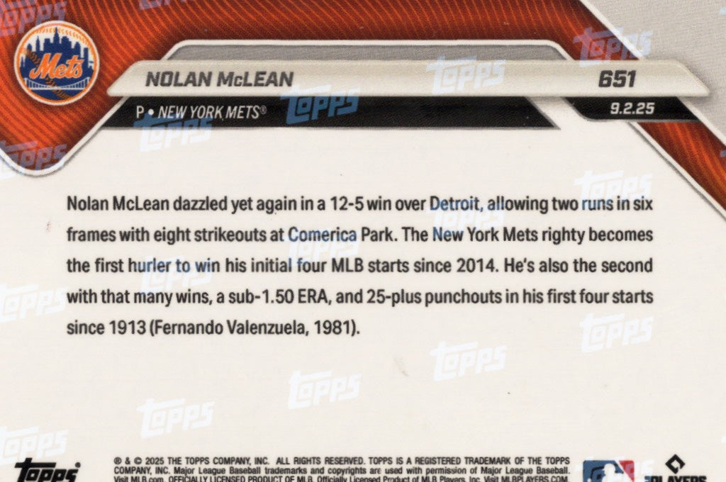 2025 Topps Now Nolan McLean #651 Gold Foil /50 New York Mets Rookie RC Baseball Card