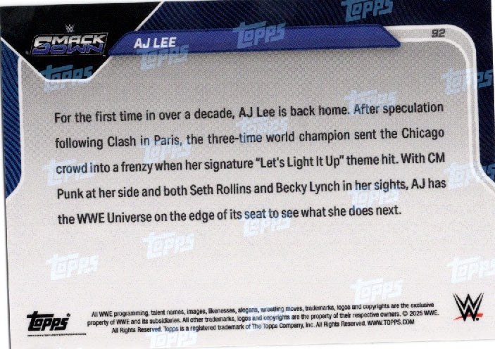 2025 Topps Now WWE AJ Lee #92 Orange Foil /25 Wrestling Card