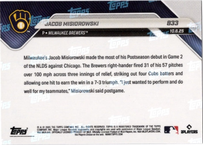 2025 Topps Now Jacob Misiorowski #833 Red Foil /5 Milwaukee Brewers Rookie RC Baseball Card